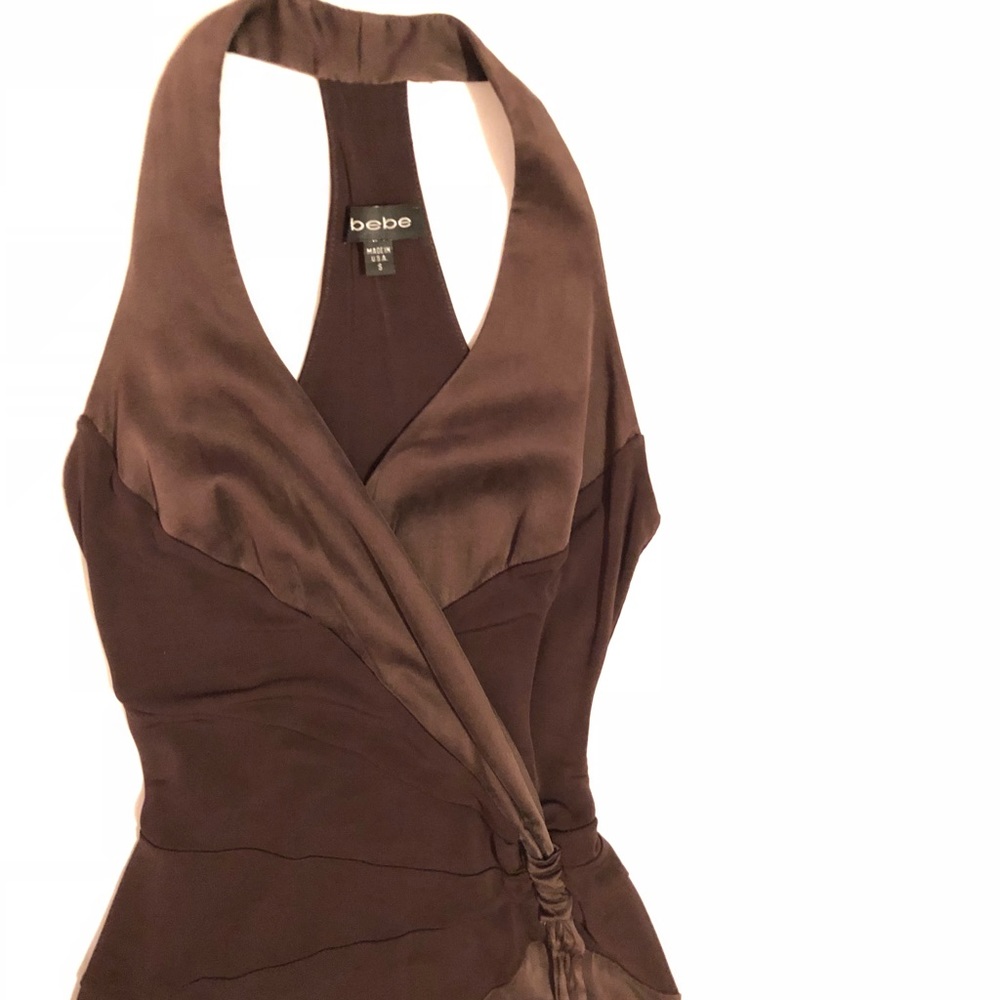 Bebe dress, brown satin and suede, size small
